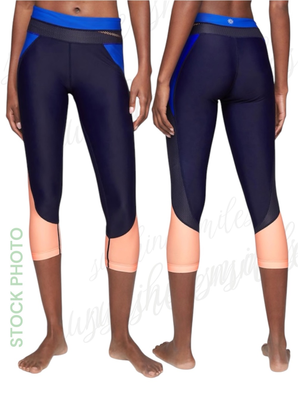 Athleta ☀️UPF 50+☀️ Tri-ssential Black Blue Coral Swim Capri Pant Bottom #778826